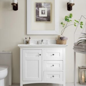 James Martin 527-V36-BW-3ENC Palisades 36 Inch Single Vanity Cabinet with Ethereal Noctis Quartz Top - Bright White