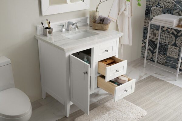 James Martin 527-V36-BW-3CAR Palisades 36 Inch Single Vanity in Bright White with 3 cm Carrara Marble Top