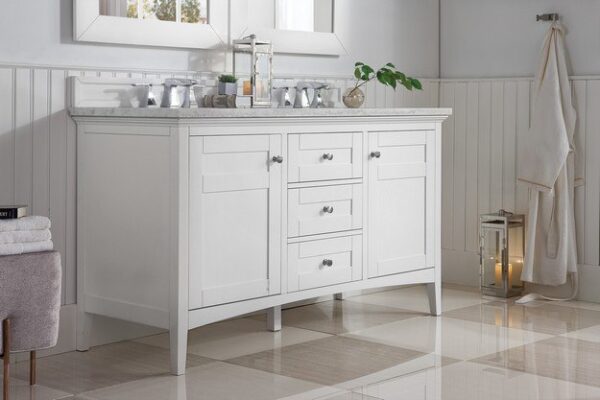 James Martin 527-V60D-BW-3CAR Palisades 60 Inch Double Vanity in Bright White with 3 cm Carrara Marble Top