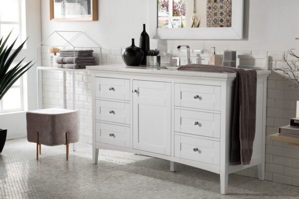 James Martin 527-V60S-BW-3CAR Palisades 60 Inch Single Vanity in Bright White with 3 cm Carrara Marble Top