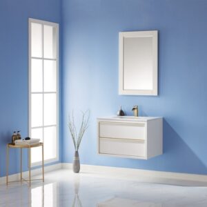 Altair 534030-WH-AW Morgan 30 Inch Single Sink Bathroom Vanity Set with Composite Carrara White Stone Countertop and Mirror