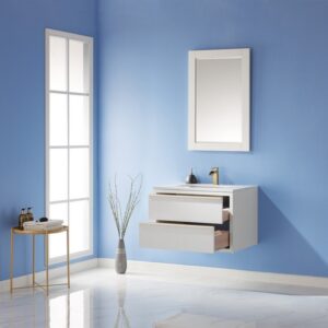 Altair 534030-WH-AW Morgan 30 Inch Single Sink Bathroom Vanity Set with Composite Carrara White Stone Countertop and Mirror