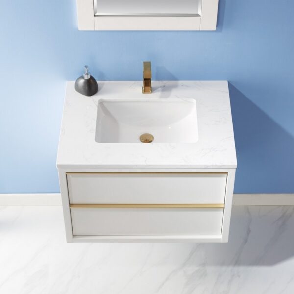 Altair 534030-WH-AW Morgan 30 Inch Single Sink Bathroom Vanity Set with Composite Carrara White Stone Countertop and Mirror