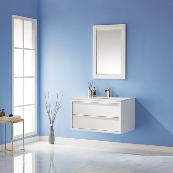 Altair 534036-WH-AW Morgan 36 Inch Single Sink Bathroom Vanity Set with Composite Carrara White Stone Countertop and Mirror