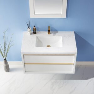 Altair 534036-WH-AW Morgan 36 Inch Single Sink Bathroom Vanity Set with Composite Carrara White Stone Countertop and Mirror