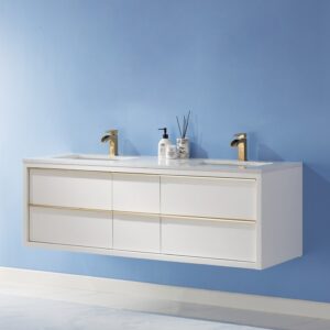 Altair 534060-WH-AW-NM Morgan 60 Inch Double Sink Bathroom Vanity with Composite Carrara White Stone Countertop