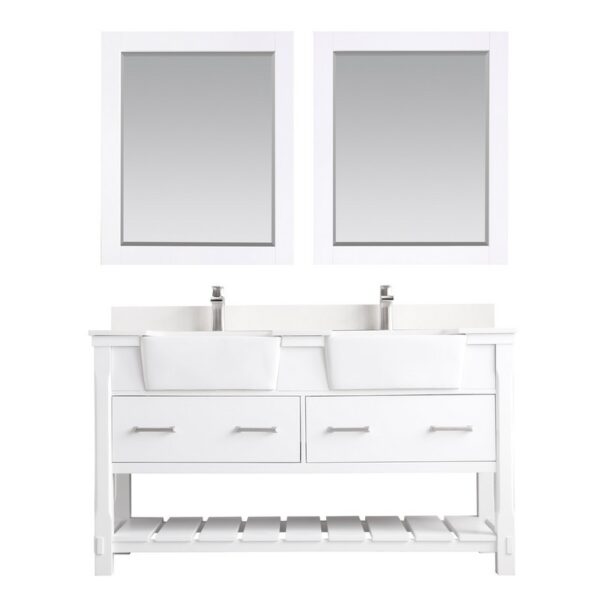 Altair 537060-AW Georgia 60 Inch Double Sink Bathroom Vanity Set with Composite Carrara White Stone Top with White Farmhouse Basin and Mirror