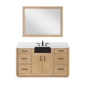 Altair 550060S-WP-AW Novago 60 Inch Single Sink Bathroom Vanity with Carrara White Composite Stone Countertop and Farmhouse Sink with Mirror