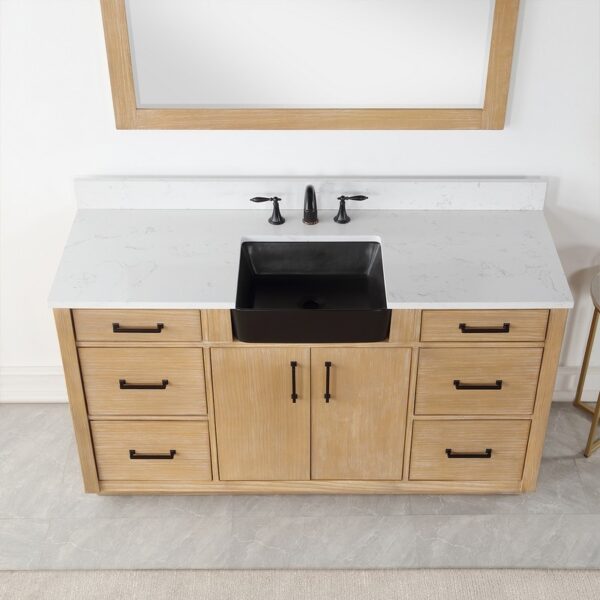 Altair 550060S-WP-AW Novago 60 Inch Single Sink Bathroom Vanity with Carrara White Composite Stone Countertop and Farmhouse Sink with Mirror