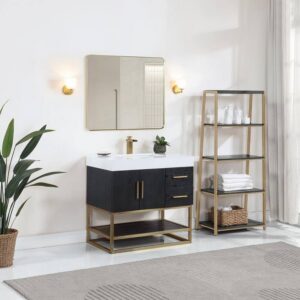 Altair 552036G-BO-WH Bianco 36 Inch Brushed Gold Support Base Freestanding Single Bathroom Vanity in Black Oak with White Composite Stone Countertop and Mirror