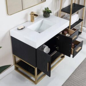 Altair 552036G-BO-WH Bianco 36 Inch Brushed Gold Support Base Freestanding Single Bathroom Vanity in Black Oak with White Composite Stone Countertop and Mirror