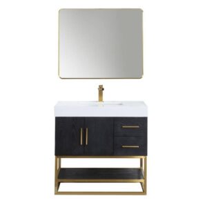 Altair 552036G-BO-WH Bianco 36 Inch Brushed Gold Support Base Freestanding Single Bathroom Vanity in Black Oak with White Composite Stone Countertop and Mirror