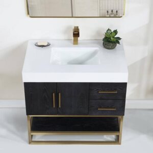 Altair 552036G-BO-WH Bianco 36 Inch Brushed Gold Support Base Freestanding Single Bathroom Vanity in Black Oak with White Composite Stone Countertop and Mirror