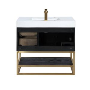 Altair 552036G-BO-WH Bianco 36 Inch Brushed Gold Support Base Freestanding Single Bathroom Vanity in Black Oak with White Composite Stone Countertop and Mirror