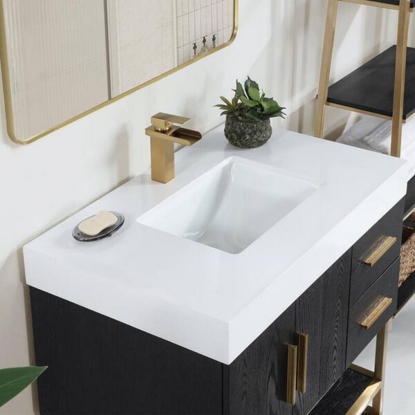 Altair 552036G-BO-WH Bianco 36 Inch Brushed Gold Support Base Freestanding Single Bathroom Vanity in Black Oak with White Composite Stone Countertop and Mirror