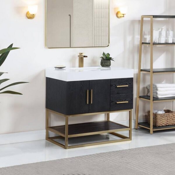 Altair 552036G-BO-WH-NM Bianco 36 Inch Brushed Gold Support Base Freestanding Single Bathroom Vanity in Black Oak with White Composite Stone Countertop without Mirror