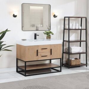 Altair 552042B-LB-WH Bianco 42 Inch Matte Black Support Base Freestanding Single Bathroom Vanity in Light Brown with White Composite Stone Countertop and Mirror