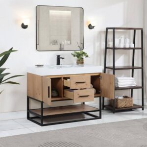 Altair 552042B-LB-WH Bianco 42 Inch Matte Black Support Base Freestanding Single Bathroom Vanity in Light Brown with White Composite Stone Countertop and Mirror