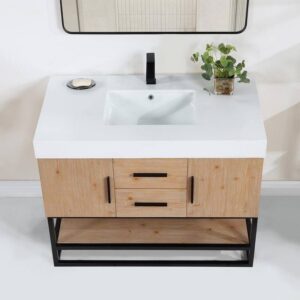 Altair 552042B-LB-WH Bianco 42 Inch Matte Black Support Base Freestanding Single Bathroom Vanity in Light Brown with White Composite Stone Countertop and Mirror