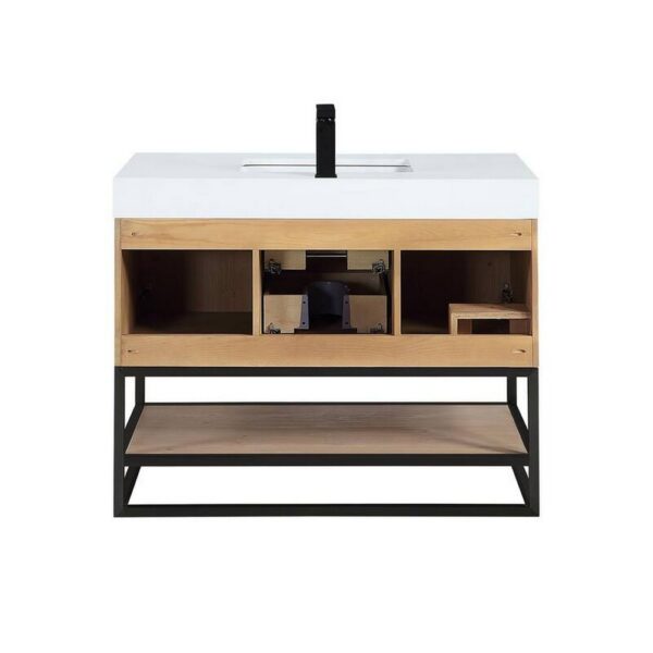 Altair 552042B-LB-WH Bianco 42 Inch Matte Black Support Base Freestanding Single Bathroom Vanity in Light Brown with White Composite Stone Countertop and Mirror