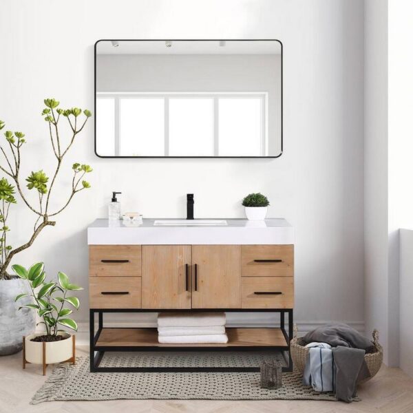 Altair 552048DB-LB-WH Bianco 48D Inch Matte Black Support Base Freestanding Single Bathroom Vanity in Light Brown with White Composite Stone Countertop and Mirror