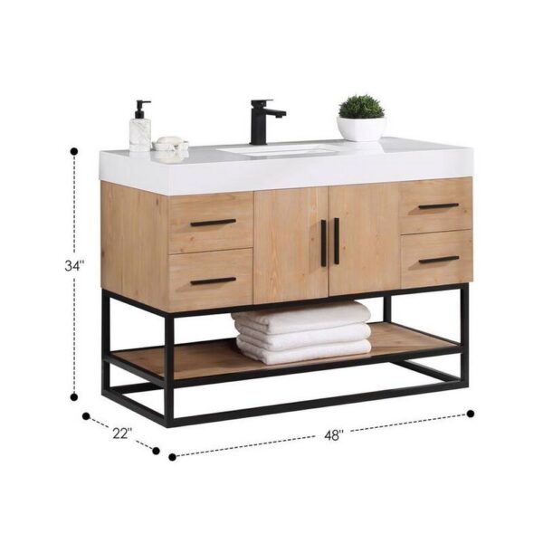 Altair 552048DB-LB-WH Bianco 48D Inch Matte Black Support Base Freestanding Single Bathroom Vanity in Light Brown with White Composite Stone Countertop and Mirror