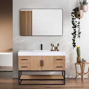 Altair 552048DB-LB-WH Bianco 48D Inch Matte Black Support Base Freestanding Single Bathroom Vanity in Light Brown with White Composite Stone Countertop and Mirror