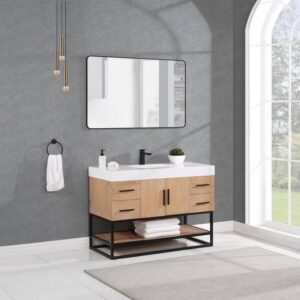 Altair 552048DB-LB-WH Bianco 48D Inch Matte Black Support Base Freestanding Single Bathroom Vanity in Light Brown with White Composite Stone Countertop and Mirror