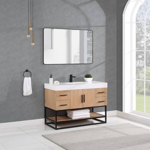 Altair 552048DB-LB-WH Bianco 48D Inch Matte Black Support Base Freestanding Single Bathroom Vanity in Light Brown with White Composite Stone Countertop and Mirror