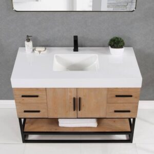 Altair 552048DB-LB-WH Bianco 48D Inch Matte Black Support Base Freestanding Single Bathroom Vanity in Light Brown with White Composite Stone Countertop and Mirror