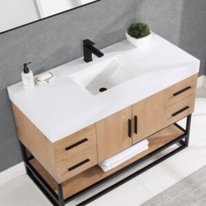 Altair 552048DB-LB-WH Bianco 48D Inch Matte Black Support Base Freestanding Single Bathroom Vanity in Light Brown with White Composite Stone Countertop and Mirror