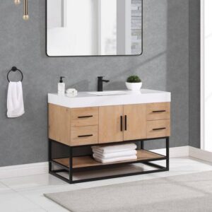 Altair 552048DB-LB-WH-NM Bianco 48D Inch Matte Black Support Base Freestanding Single Bathroom Vanity in Light Brown with White Composite Stone Countertop without Mirror