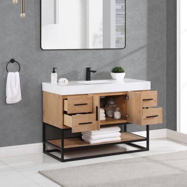 Altair 552048DB-LB-WH-NM Bianco 48D Inch Matte Black Support Base Freestanding Single Bathroom Vanity in Light Brown with White Composite Stone Countertop without Mirror