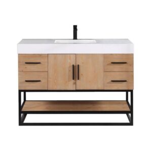 Altair 552048DB-LB-WH-NM Bianco 48D Inch Matte Black Support Base Freestanding Single Bathroom Vanity in Light Brown with White Composite Stone Countertop without Mirror