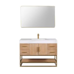 Altair 552048DG-WH Bianco 48D Inch Brushed Gold Support Base Freestanding Single Bathroom Vanity with White Composite Stone Countertop and Mirror