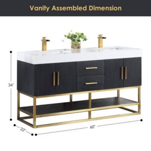 Altair 552060G-BO-WH Bianco 60 Inch Brushed Gold Support Base Freestanding Double Bathroom Vanity in Black Oak with White Composite Stone Countertop and Mirror