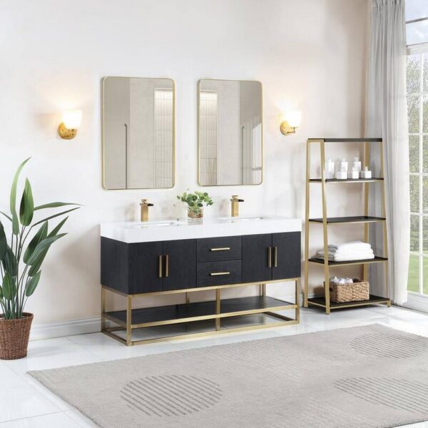 Altair 552060G-BO-WH Bianco 60 Inch Brushed Gold Support Base Freestanding Double Bathroom Vanity in Black Oak with White Composite Stone Countertop and Mirror