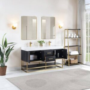 Altair 552060G-BO-WH Bianco 60 Inch Brushed Gold Support Base Freestanding Double Bathroom Vanity in Black Oak with White Composite Stone Countertop and Mirror