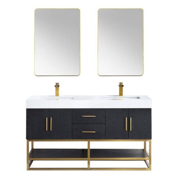 Altair 552060G-BO-WH Bianco 60 Inch Brushed Gold Support Base Freestanding Double Bathroom Vanity in Black Oak with White Composite Stone Countertop and Mirror