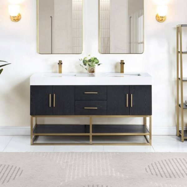 Altair 552060G-BO-WH-NM Bianco 60 Inch Brushed Gold Support Base Freestanding Double Bathroom Vanity in Black Oak with White Composite Stone Countertop without Mirror