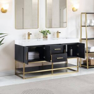 Altair 552060G-BO-WH-NM Bianco 60 Inch Brushed Gold Support Base Freestanding Double Bathroom Vanity in Black Oak with White Composite Stone Countertop without Mirror