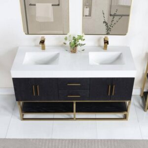 Altair 552060G-BO-WH-NM Bianco 60 Inch Brushed Gold Support Base Freestanding Double Bathroom Vanity in Black Oak with White Composite Stone Countertop without Mirror