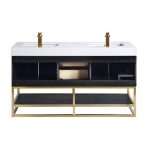 Altair 552060G-BO-WH-NM Bianco 60 Inch Brushed Gold Support Base Freestanding Double Bathroom Vanity in Black Oak with White Composite Stone Countertop without Mirror