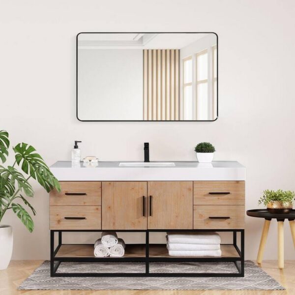 Altair 552060SB-LB-WH Bianco 60 Inch Matte Black Support Base Freestanding Single Bathroom Vanity in Light Brown with White Composite Stone Countertop and Mirror