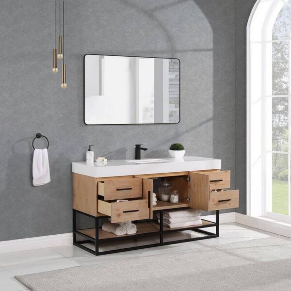 Altair 552060SB-LB-WH Bianco 60 Inch Matte Black Support Base Freestanding Single Bathroom Vanity in Light Brown with White Composite Stone Countertop and Mirror