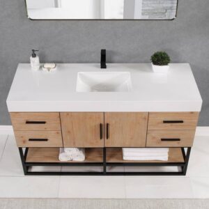 Altair 552060SB-LB-WH Bianco 60 Inch Matte Black Support Base Freestanding Single Bathroom Vanity in Light Brown with White Composite Stone Countertop and Mirror