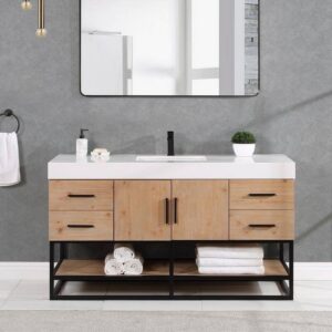 Altair 552060SB-LB-WH-NM Bianco 60 Inch Matte Black Support Base Freestanding Single Bathroom Vanity in Light Brown with White Composite Stone Countertop without Mirror