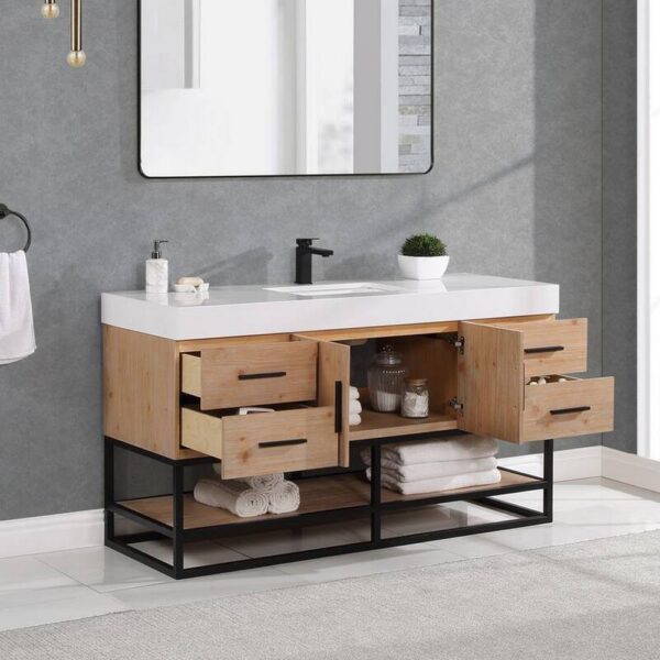 Altair 552060SB-LB-WH-NM Bianco 60 Inch Matte Black Support Base Freestanding Single Bathroom Vanity in Light Brown with White Composite Stone Countertop without Mirror