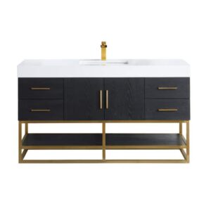 Altair 552060SG-WH-NM Bianco 60 Inch Brushed Gold Support Base Freestanding Single Bathroom Vanity with White Composite Stone Countertop without Mirror