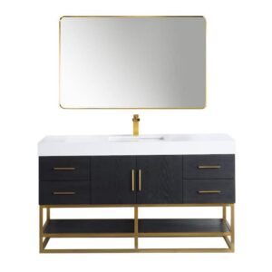 Altair 552060SG-WH Bianco 60 Inch Brushed Gold Support Base Freestanding Single Bathroom Vanity with White Composite Stone Countertop and Mirror